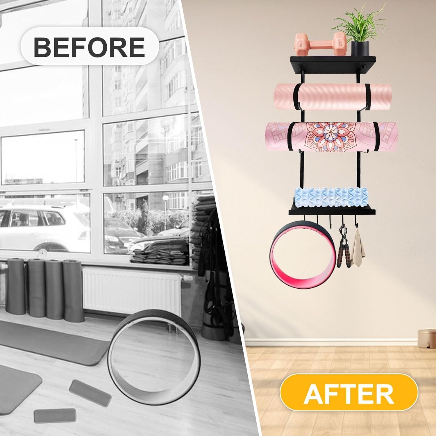 Wall-Mounted Yoga Mat Holder with Floating Shelves & Hooks for Storage - Image 3