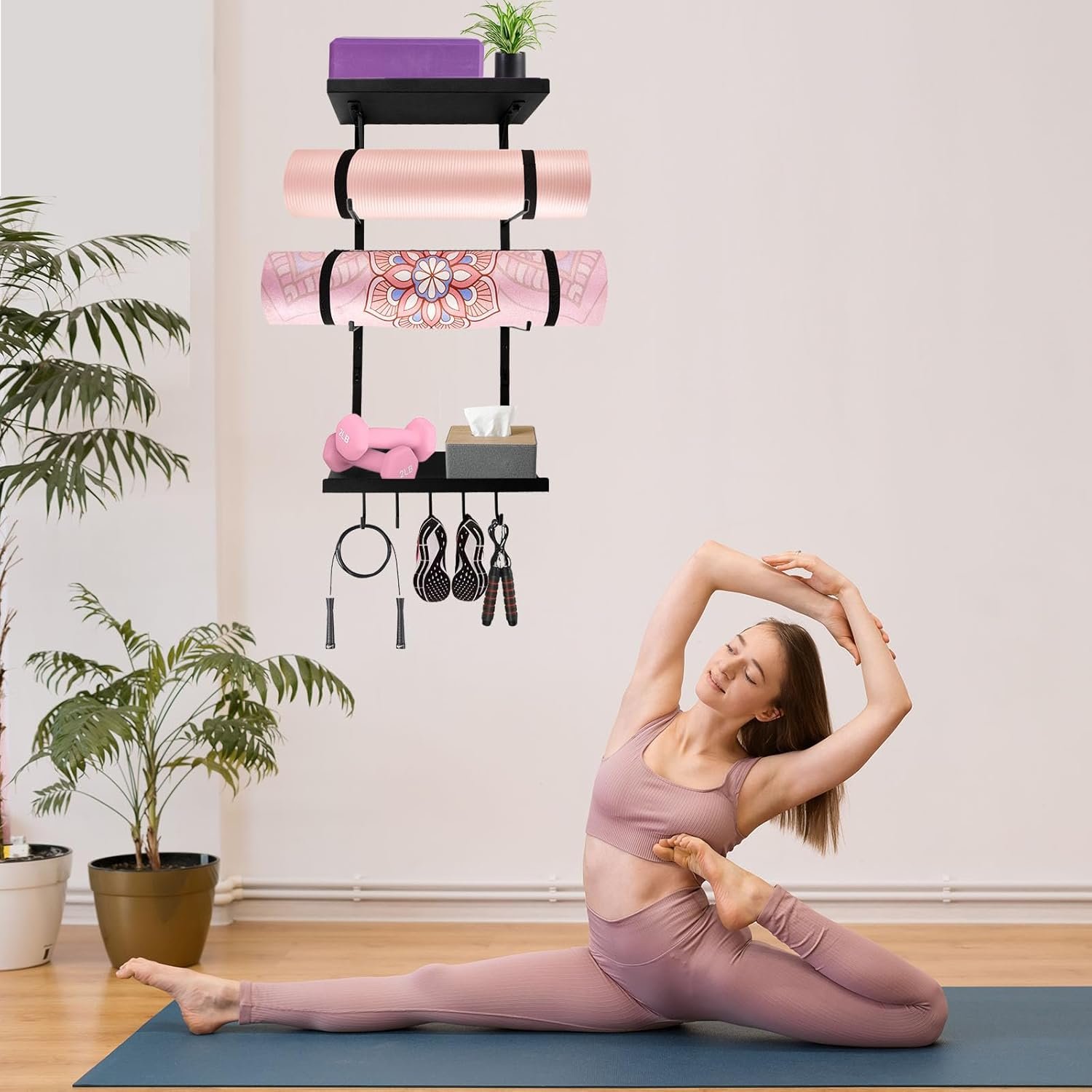 Wall-Mounted Yoga Mat Holder with Floating Shelves & Hooks for Storage - Image 4